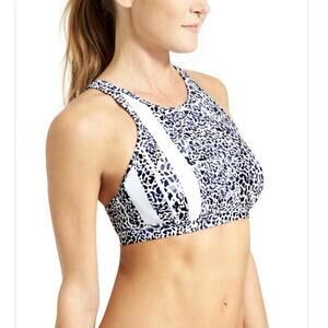 Athleta Zimbabwe High Neck Bikini Top Navy Blue White Animal Print 34 B/C